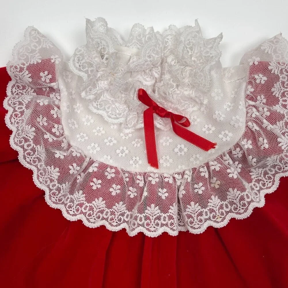 Vintage Toddler 18M Red Velvet and Lace Trim Christmas Dress w/ Bubble Sleeves